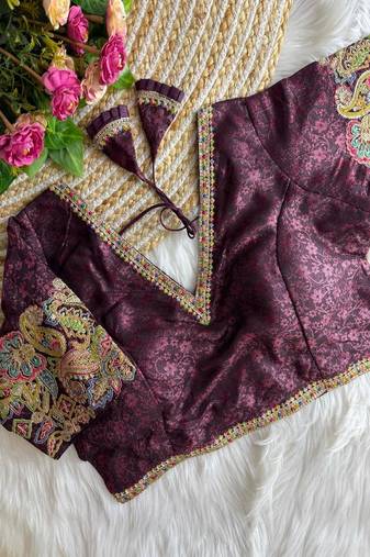 Wine Color V-Neck Heavy Embroidery Blouse