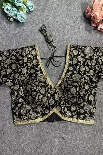 Black Thread Work Deep Neck Embroidered Blouse