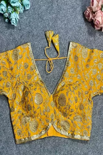 Yellow Color Heavy Apple-Cut Bridal Blouse alterable upto 42 size