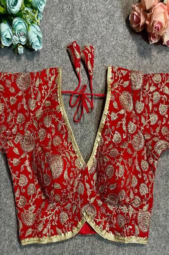 Red Thread Work Deep Neck Embroidered Blouse