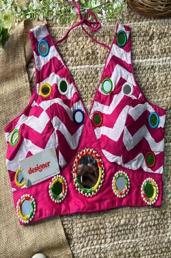 Rani Color Navratri Special Readymade Blouse with Mirror Work