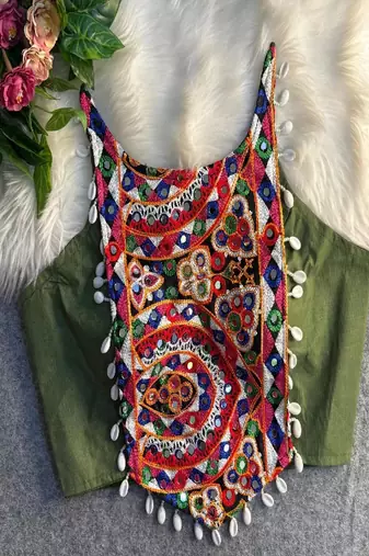 Mehndi Color Heavy Embroidered Readymade Blouse for Navratri