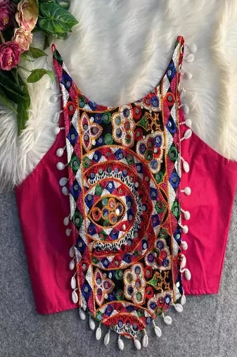 Rani Color Heavy Embroidered Readymade Blouse for Navratri
