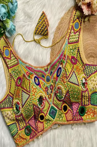 Gold Sleeveless Navratri Handwork Readymade Blouse for Garba Nights