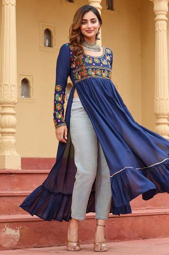 Blue rayon kutchi gamthi work navratri kurti