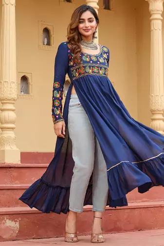 Blue rayon kutchi gamthi work navratri kurti