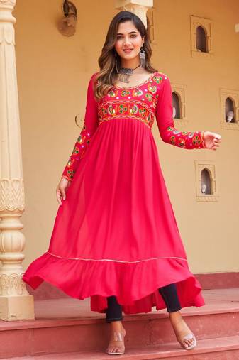 Pink rayon kutchi gamthi work navratri kurti