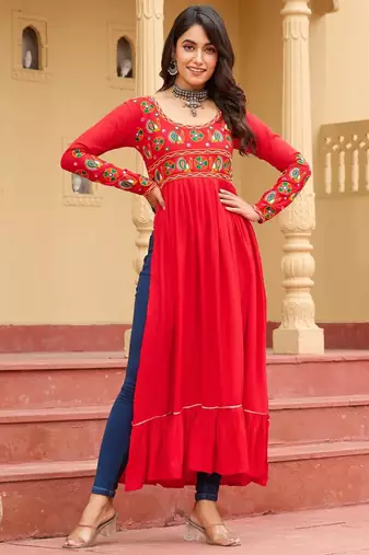 Red rayon kutchi gamthi work navratri kurti