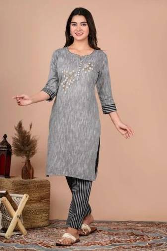 Grey Striped Cotton Embroidered Kurta Pant Set