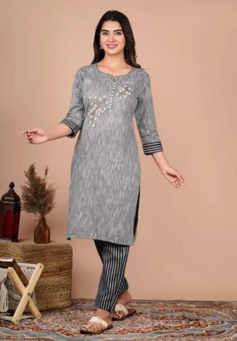 Grey Striped Cotton Embroidered Kurta Pant Set