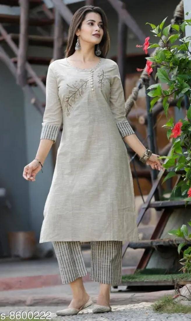 Beige Striped Cotton Embroidered Kurta Pant Set