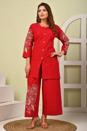 Mahua cardinal embroidery cotton co-ord set
