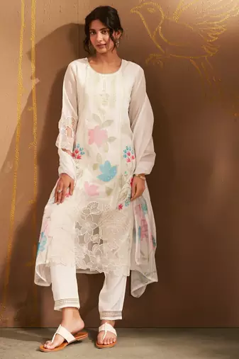 Bushra dove white embroidered viscose rayon kurta sets