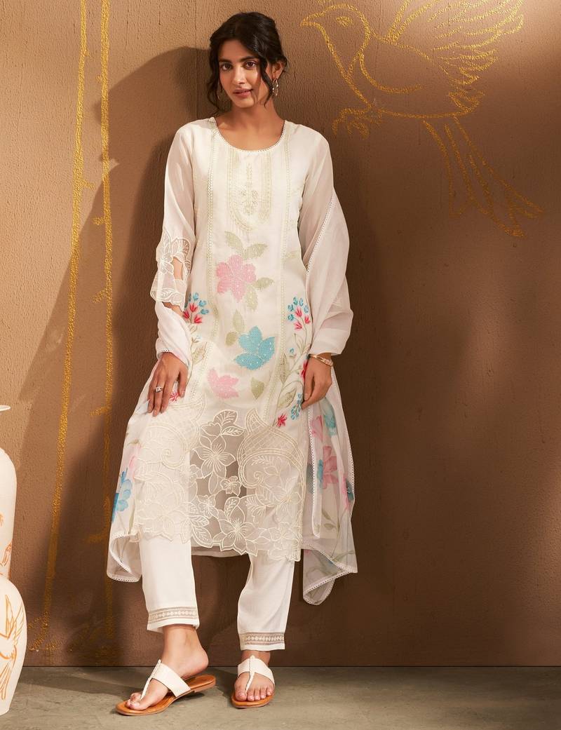 Bushra dove white embroidered viscose rayon kurta sets