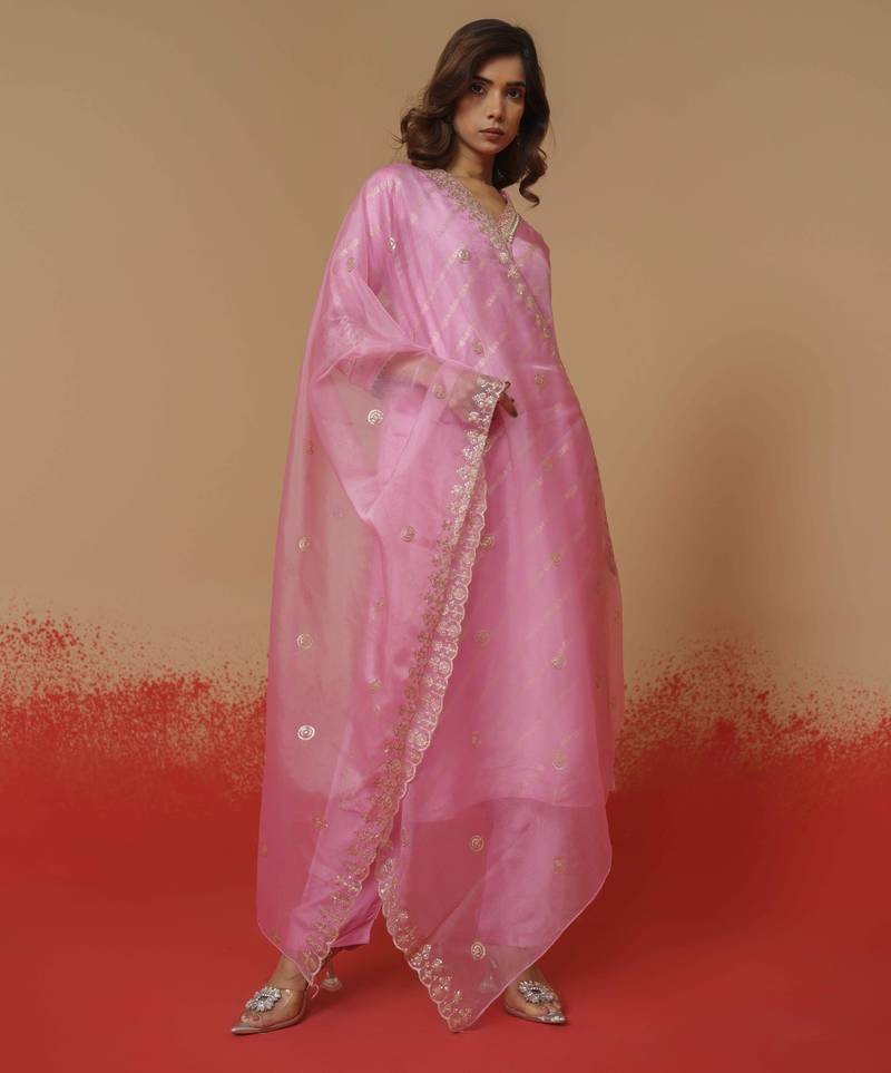 Tashvika blush pink embroidered cotton silk kurta sets