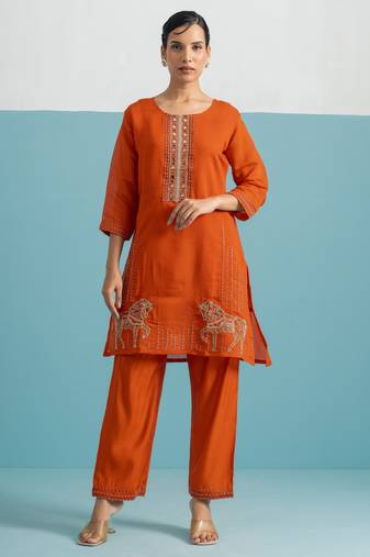 Parikrama apricot rust embroidered chanderi kurta sets
