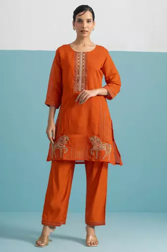 Parikrama apricot rust embroidered chanderi kurta sets
