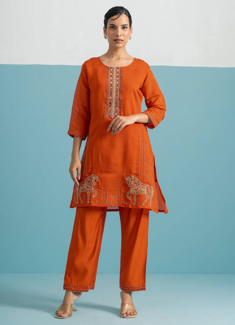 Parikrama apricot rust embroidered chanderi kurta sets