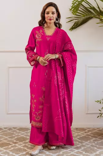Kabool hotpink pink embroidered cotton blend kurta sets