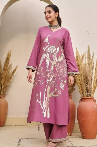Kabool blush light lavender printed cotton kurta sets