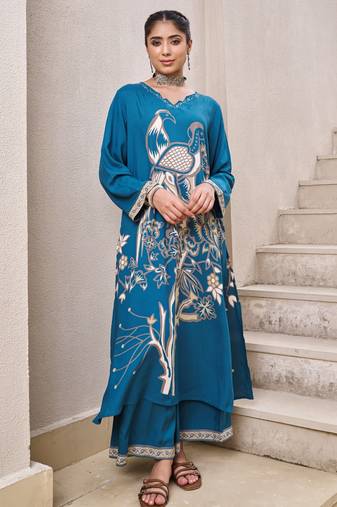 Kabool peacock light teal printed cotton kurta sets