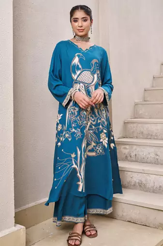 Kabool peacock light teal printed cotton kurta sets
