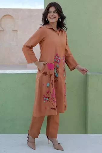 Viva toffee beige embroidered cotton kurta sets