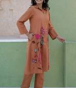 Viva toffee beige embroidered cotton kurta sets