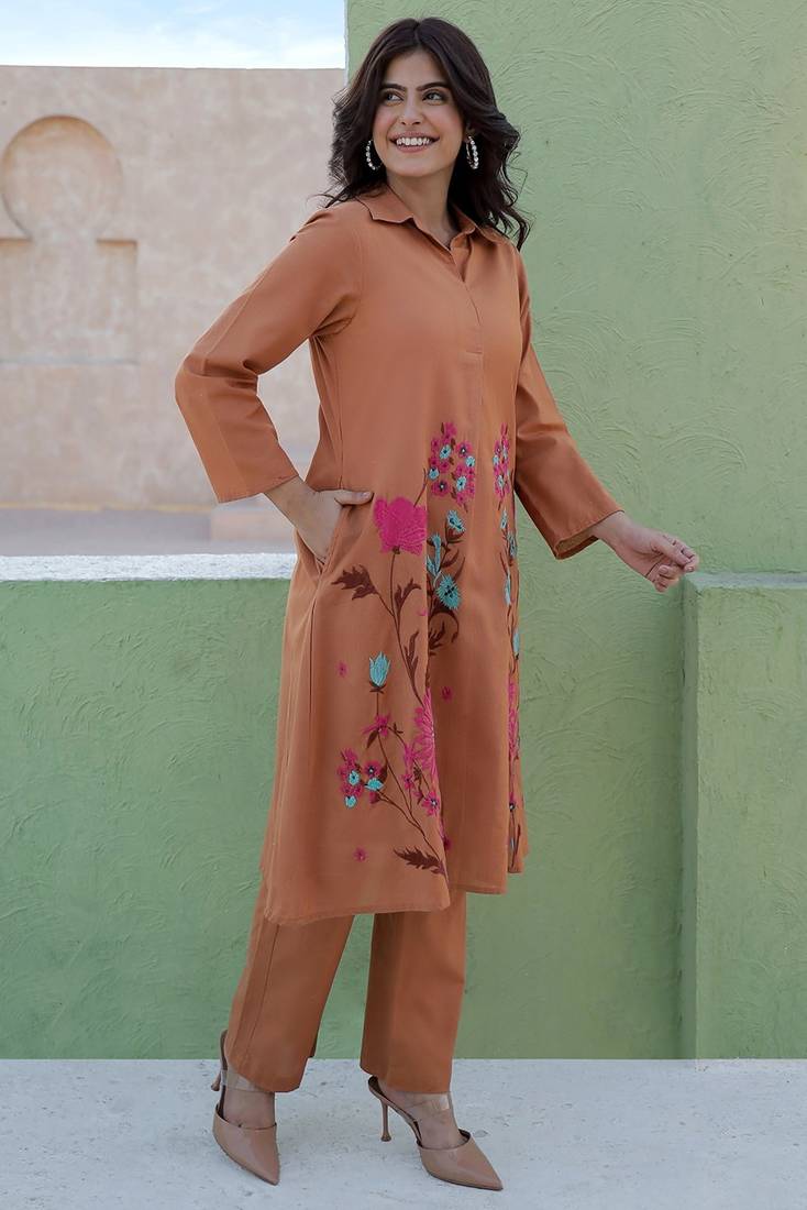 Viva toffee beige embroidered cotton kurta sets