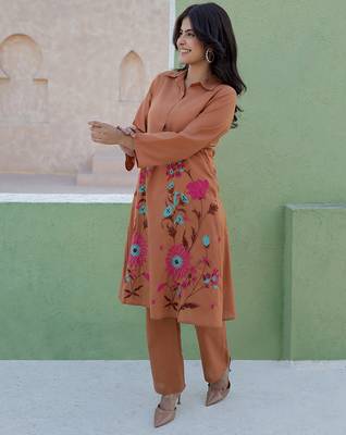 Viva toffee beige embroidered cotton kurta sets 4