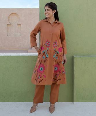 Viva toffee beige embroidered cotton kurta sets 5