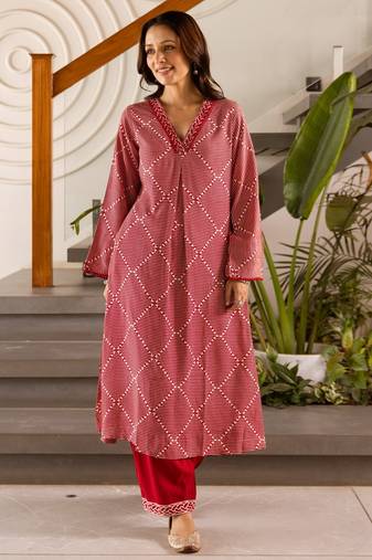 Kabool cardinal red printed cotton kurta sets