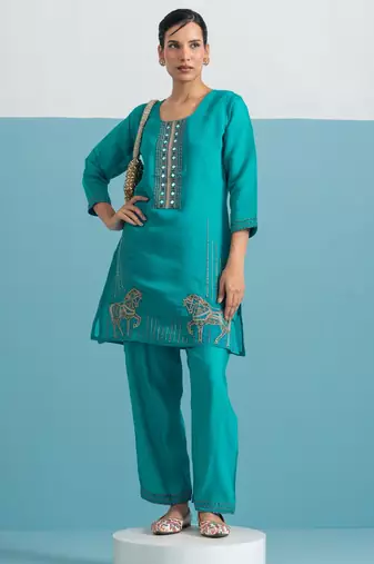Parikrama peacock light teal embroidered chanderi kurta sets