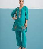 Parikrama peacock light teal embroidered chanderi kurta sets