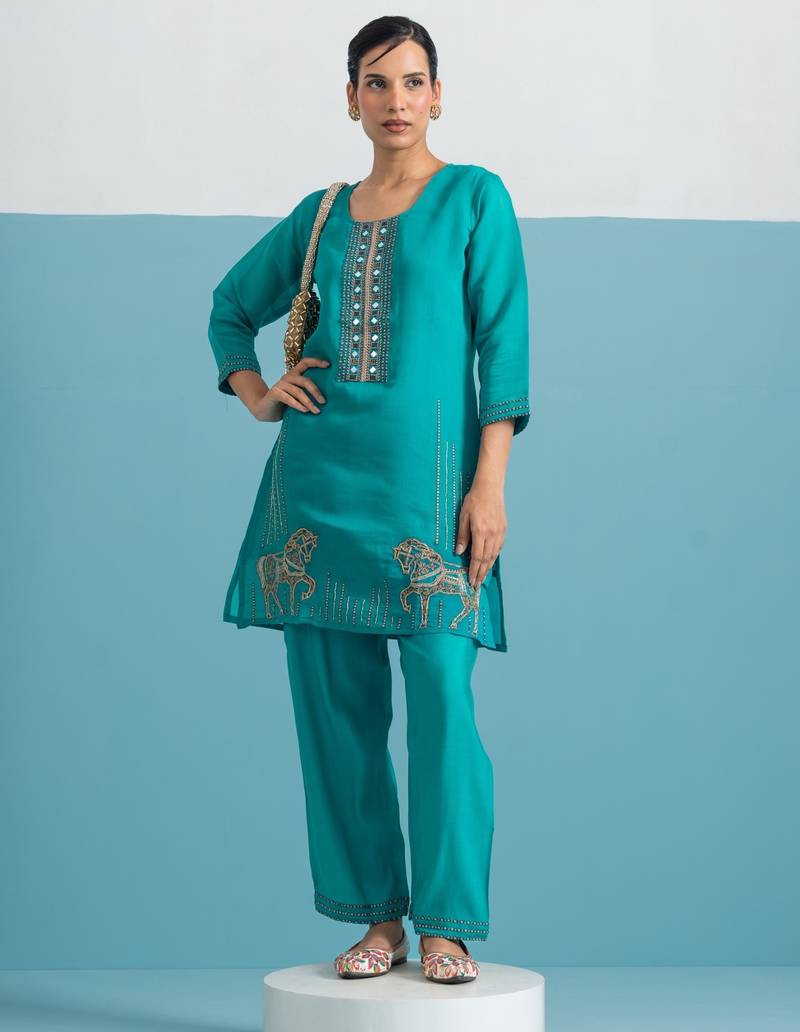 Parikrama peacock light teal embroidered chanderi kurta sets