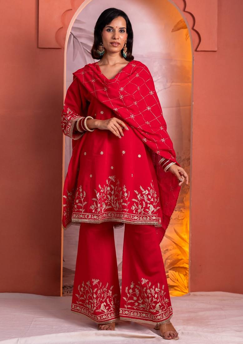 Parikrama scarlet red embroidered chanderi kurta sets