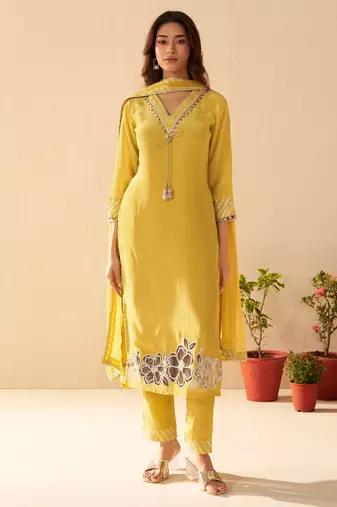 Albeli lemon dark yellow plain crepe kurta sets