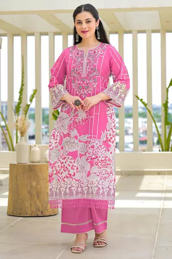 Vastramaya miller pink printed cotton kurta sets