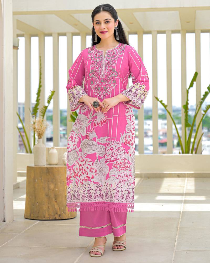 Vastramaya miller pink printed cotton kurta sets