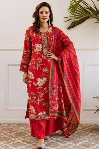 Kabool zarqa red printed cotton kurta sets