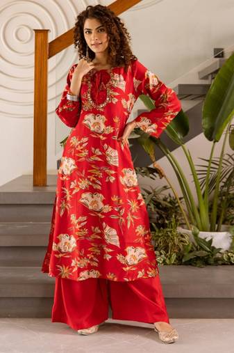 Kabool lava red printed cotton kurta sets