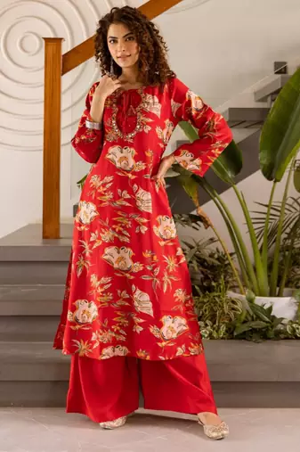 Kabool lava red printed cotton kurta sets