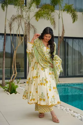 Yellow Floral Anarkali Cotton Suit Set with Dupatta