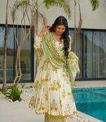Yellow Floral Anarkali Cotton Suit Set with Dupatta