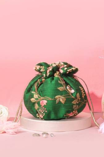 Green silk embroidered potli bag