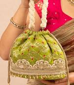 Green silk embroidered potli bag