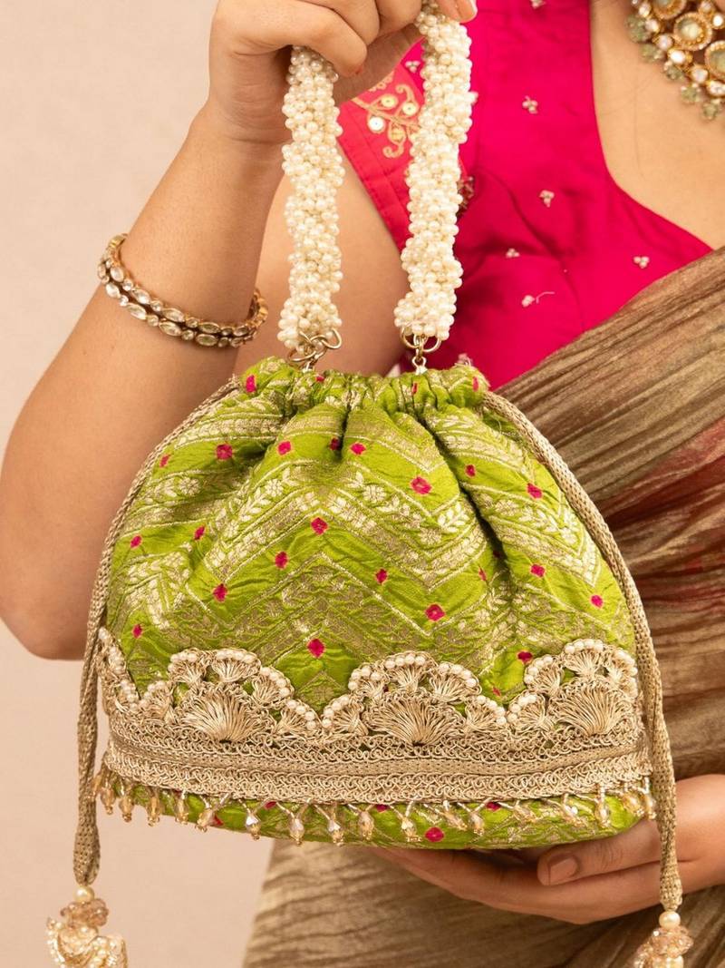 Green silk embroidered potli bag