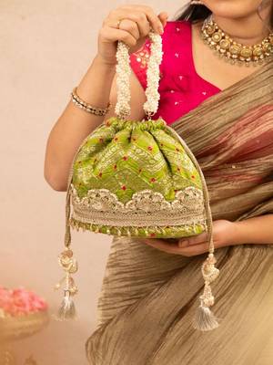 Green silk embroidered potli bag 3