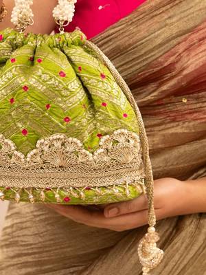 Green silk embroidered potli bag 5