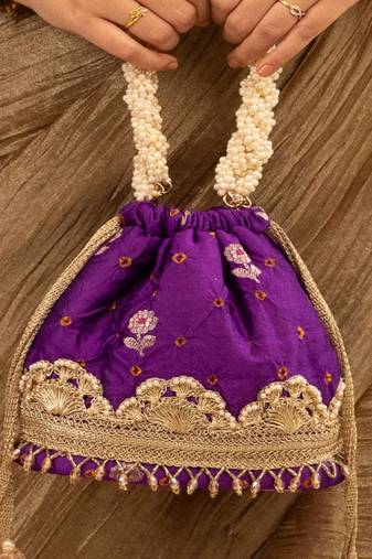 Purple silk embroidered potli bag